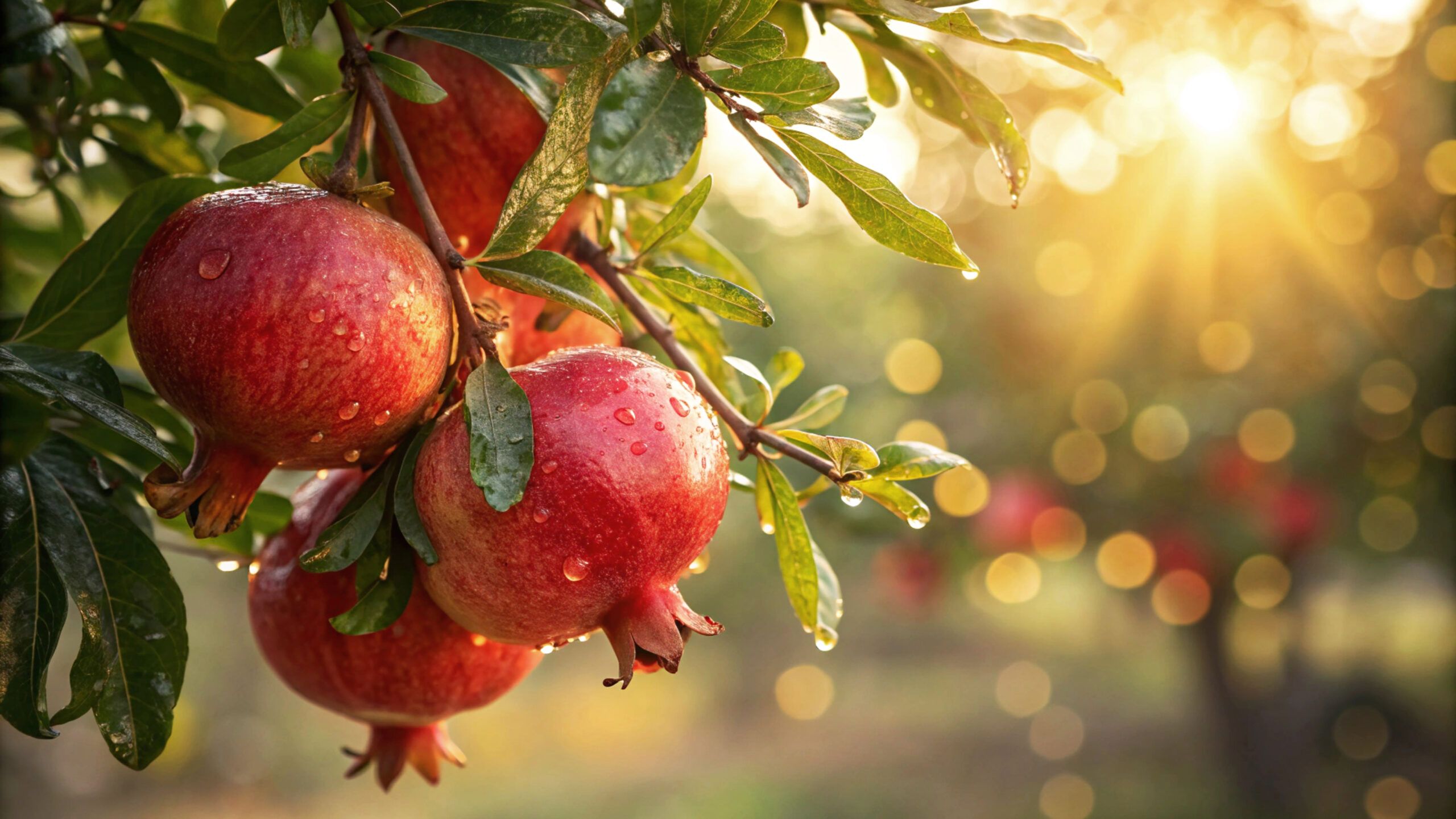 Pomegranate hanging tree with water drop in garden, Pomegranate on tree branch in natural warm sunlight background fresas